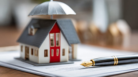 A small protective shield for a house rests atop official papers, secured with an elegant pen, symbolizing security and legal assurance on a polished wooden surface.の写真素材