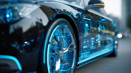 A modern vehicle featuring a streamlined exterior combined with an advanced holographic dashboard,...