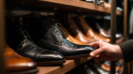 A person's hand hovers over a sleek black leather shoe displayed among other stylish footwear,...