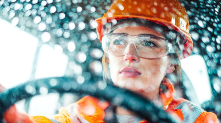 A focused woman in protective gear skillfully manages heavy equipment amid a drizzly, gray construction site, capturing resilience and dedication in challenging weather.のeditorial素材