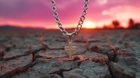A detailed image of a religious pendant resting on a chain, set against a vivid sunset sky and cracked earth, evoking spirituality and resilience.の写真素材
