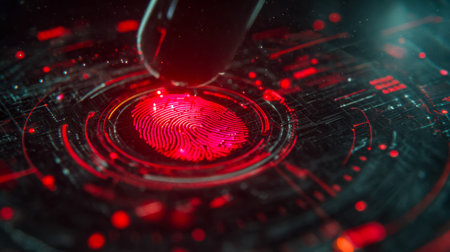 A sleek, high-tech biometric scanner displays a glowing fingerprint recognition process on a digital...