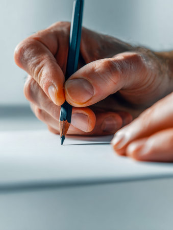 An individual concentrates intently as they grip a finely pointed pencil, poised to create on...