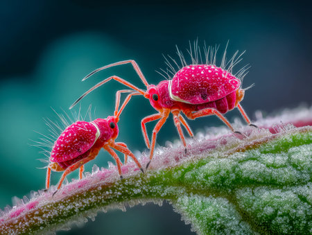 Two vividly pink insects cluster on a soft, hairy green stalk, highlighting intricate textures and...