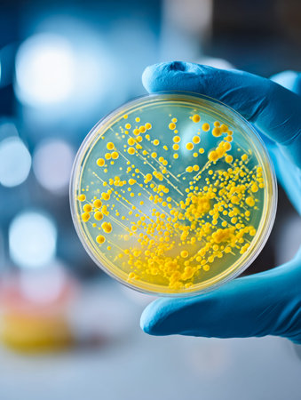 A researcher carefully examines a bacterial sample in a clear dish, surrounded by lab equipment,...