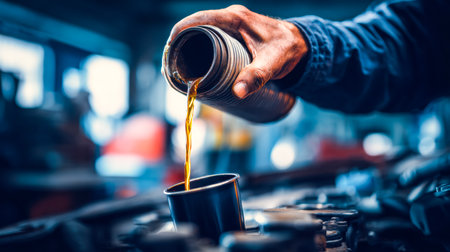 An attentive automotive technician carefully adds fresh oil to an engine, emphasizing precision and care during routine vehicle servicing.の写真素材