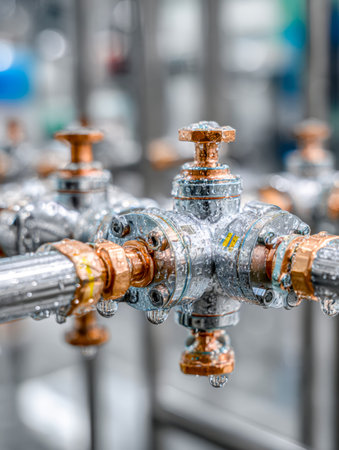 A close-up of interconnected metal pipes with glistening droplets and operational valves, capturing...