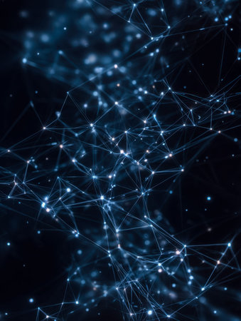 Neon-lit nodes and flowing lines form an intricate web across a sleek dark background, illustrating...