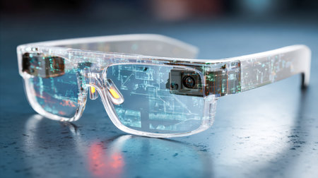 Sleek, high-tech eyewear featuring a transparent display, built-in camera, and intuitive digital...