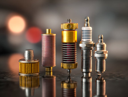Vibrant, metallic connectors aligned on a mirrored platform, highlighting intricate details and...