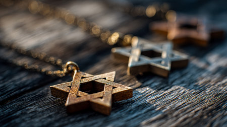 A detailed shot of a silver Star of David pendant resting on textured, weathered wood, evoking...