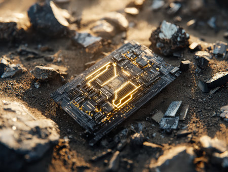 An advanced digital core merges with a harsh landscape, featuring luminous pathways and remnants of...