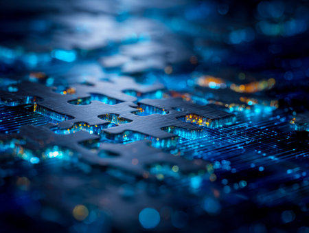 An advanced biotech-inspired circuit board featuring intricate pathways and vibrant blue lighting,...