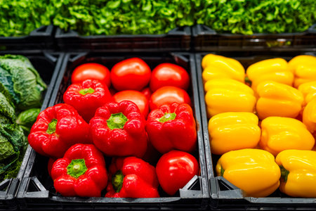 Vibrant clusters of ripe red and sunny yellow peppers are artfully arranged in a bustling market,...