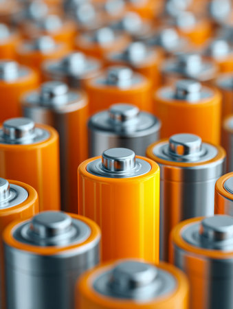 Vibrant aa batteries aligned precisely, showing a spectrum of lively hues that highlight their...