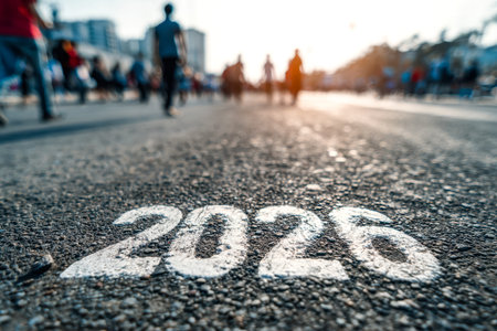 Brightly colored graffiti marks the pavement, illustrating a pivotal year, while silhouettes of...