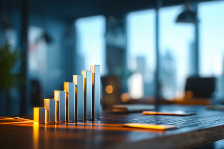 A sleek conference table features a rising line graph symbolizing success, surrounded by vibrant...
