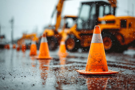 Bright orange safety barricades line a slick, rain-soaked street while heavy equipment looms softly in the distance, setting a mood of caution and ongoing work.の写真素材