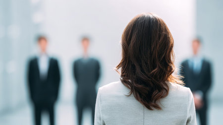 A confident professional woman stands poised before a panel of diverse interviewers in a sleek,...