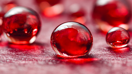 Vibrant, glossy red gel spheres rest atop a tactile surface, creating a captivating contrast between smooth reflections and textured detail.の写真素材