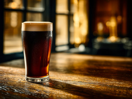 A rich, velvety dark brew crowned with a smooth, frothy head sits invitingly on aged wooden planks, radiating warmth and comfort in a cozy pub ambiance.の写真素材
