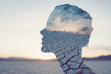 A silent introspection captured in a blend of a womanâs profile and cracked, arid terrains, evoking reflection on natureâs fragility and inner resilience.の写真素材