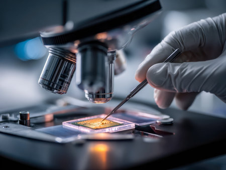 A researcher meticulously examines a tiny circuitry component using advanced microscopy in a...