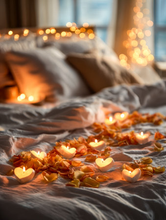A warm bedroom setting featuring glowing heart-shaped candles and scattered rose petals, creating an intimate and inviting atmosphere perfect for romance.の写真素材