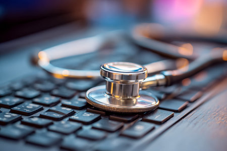 A modern workspace features a stethoscope placed atop a computer keyboard, symbolizing the...