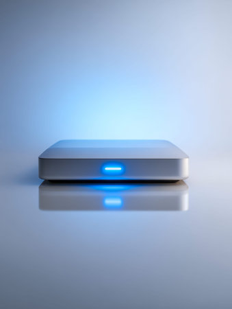 A sleek, contemporary gadget featuring a luminous blue light, positioned on a polished surface that...
