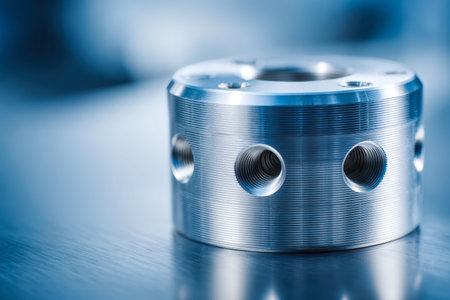 A finely crafted metal part featuring an array of precisely threaded openings, highlighting...