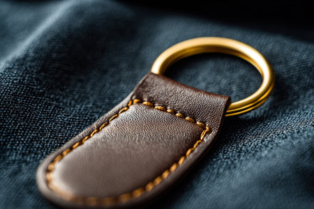 A close-up highlights shot an artisanal leather accessory with fine stitching, gently secured to a...