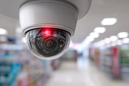 A sleek surveillance device captures activity in a brightly lit retail corridor, emphasizing safety...