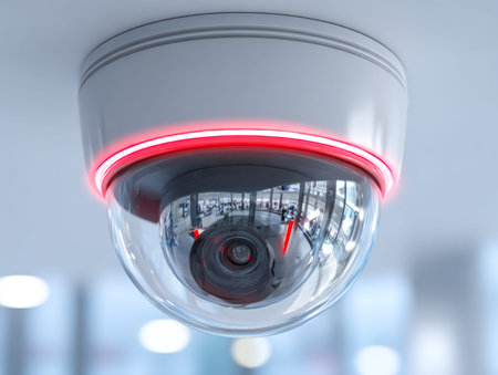 A sleek, contemporary security device fitted with infrared lamps, installed in a well-lit interior,...