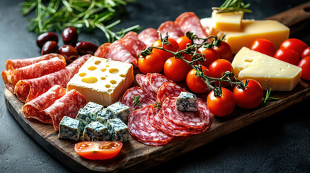 A colorful spread of artisanal cheeses, savory cured meats, ripe cherry tomatoes, and fragrant herbs arranged on a rustic wooden serving platter.の写真素材
