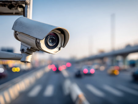 A vigilant surveillance device captures the bustling cityscape as evening falls, its lens framing a...