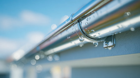 A detailed view of a rain-soaked gutter adorned with glistening droplets, set against a softly blurred sky that hints at recent showers and moody weather.の写真素材