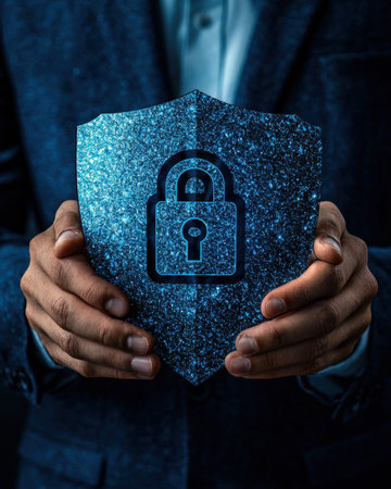 Close-up of human hands cradling a glowing virtual shield with a padlock icon, symbolizing digital security, safeguarding sensitive information in amの写真素材
