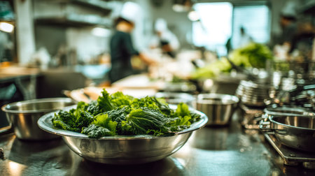 Vibrant leafy greens and crisp vegetables arranged in a sleek stainless steel bowl, set against a...