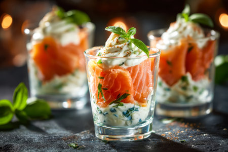 Delicate slices of smoked salmon paired with creamy cheese pose elegantly in transparent glass cups,...