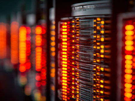 Rows of sleek server cabinets glow with intense crimson signals, creating a futuristic ambiance that...
