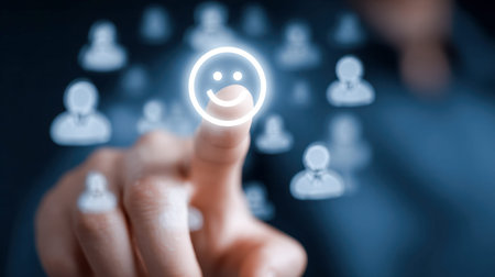A person highlights a luminous smiling icon amidst a soft-focus digital interface, capturing the...
