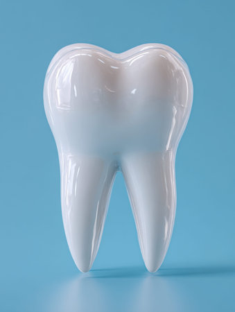 A sleek, polished dental replica set against a vibrant blue backdrop, emphasizing cleanliness, oral...