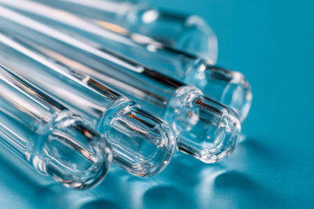 Sleek, cylindrical glassware aligned diagonally across a vibrant blue background, their surfaces...