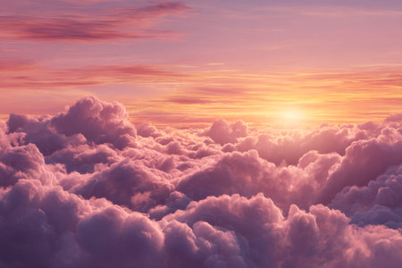Dawn breaks over a soft, colorful sky, casting warm hues across billowing pastel clouds, evoking...