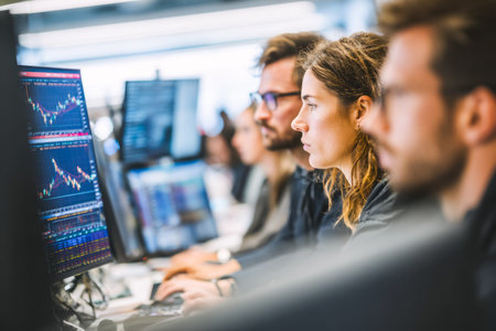 Focused professionals review complex financial graphs and real-time data on multiple monitors within...
