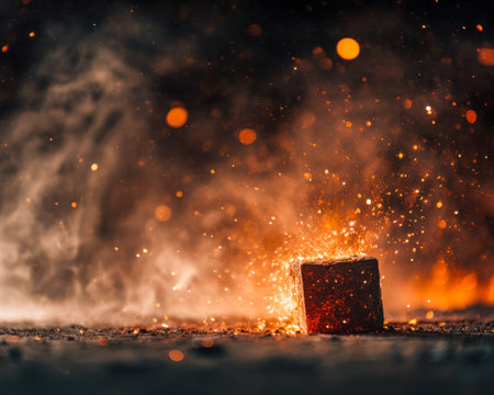 A fiery glow illuminates a rough surface, releasing hot sparks and creating an intense, energetic atmosphere in low light.の写真素材