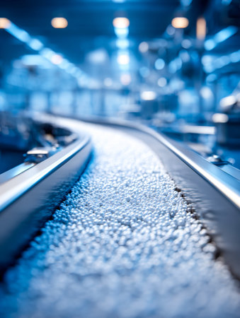 Sleek robotic assembly line stretches through a modern factory, illuminated by led lights,...