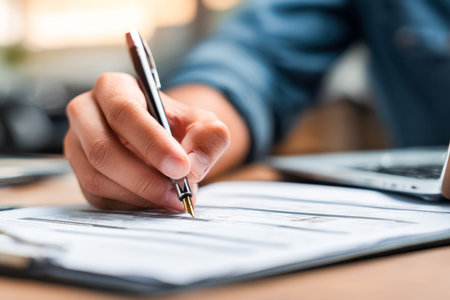 A professional authorizing a form with a sleek pen on a clipboard, capturing a focused moment amid a...