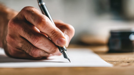 A hand grips a classic fountain pen, poised over pristine white paper, while a nostalgic ink bottle...